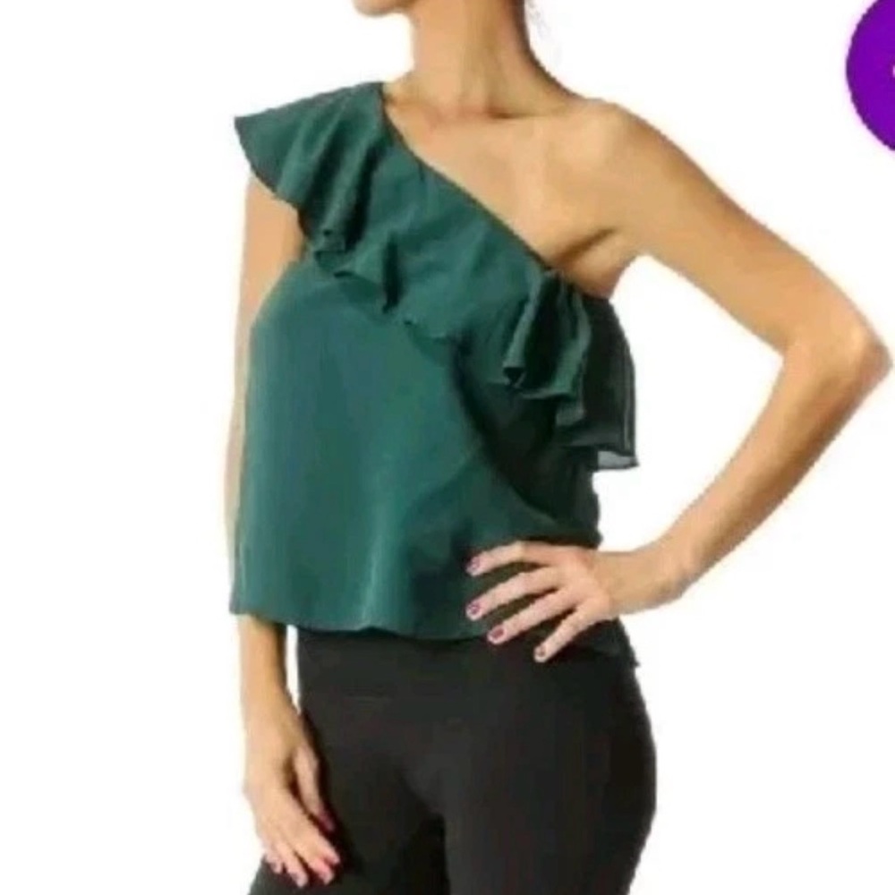 Anthropologie Maeve Emerald Silk One-Shoulder Ruffle Blouse Size 8 Green
